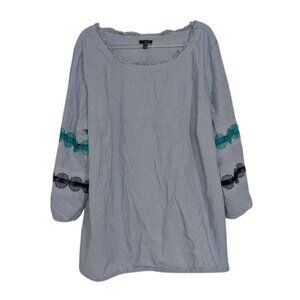 Talbots Stripe Shirt Womens Size 2X Blue 3/4 Sleeves Boho Lace Ruffle Cotton